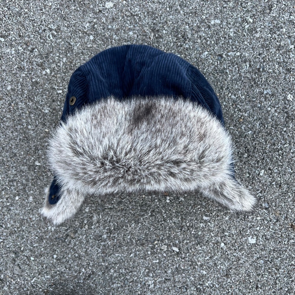 Fur Winter Navy Blue Corduroy Trapper Hat Faux Fur Ear Flap Quilted Cousin Eddie
